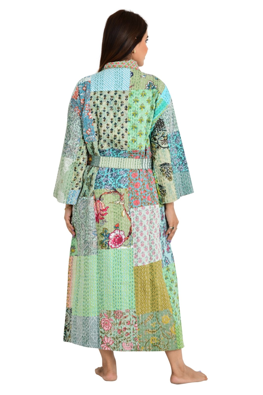 Kantha Stitch 100% Cotton Reversible Long Kimono Women Jacket | Handmade Stitch Robe | Unisex Gift | Green Tone Patchwork Print - The Eastern Loom