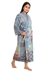 Kantha Stitch 100% Cotton Reversible Long Kimono Women Jacket | Handmade Stitch Robe | Unisex Gift | Grey White Patchwork Print - The Eastern Loom