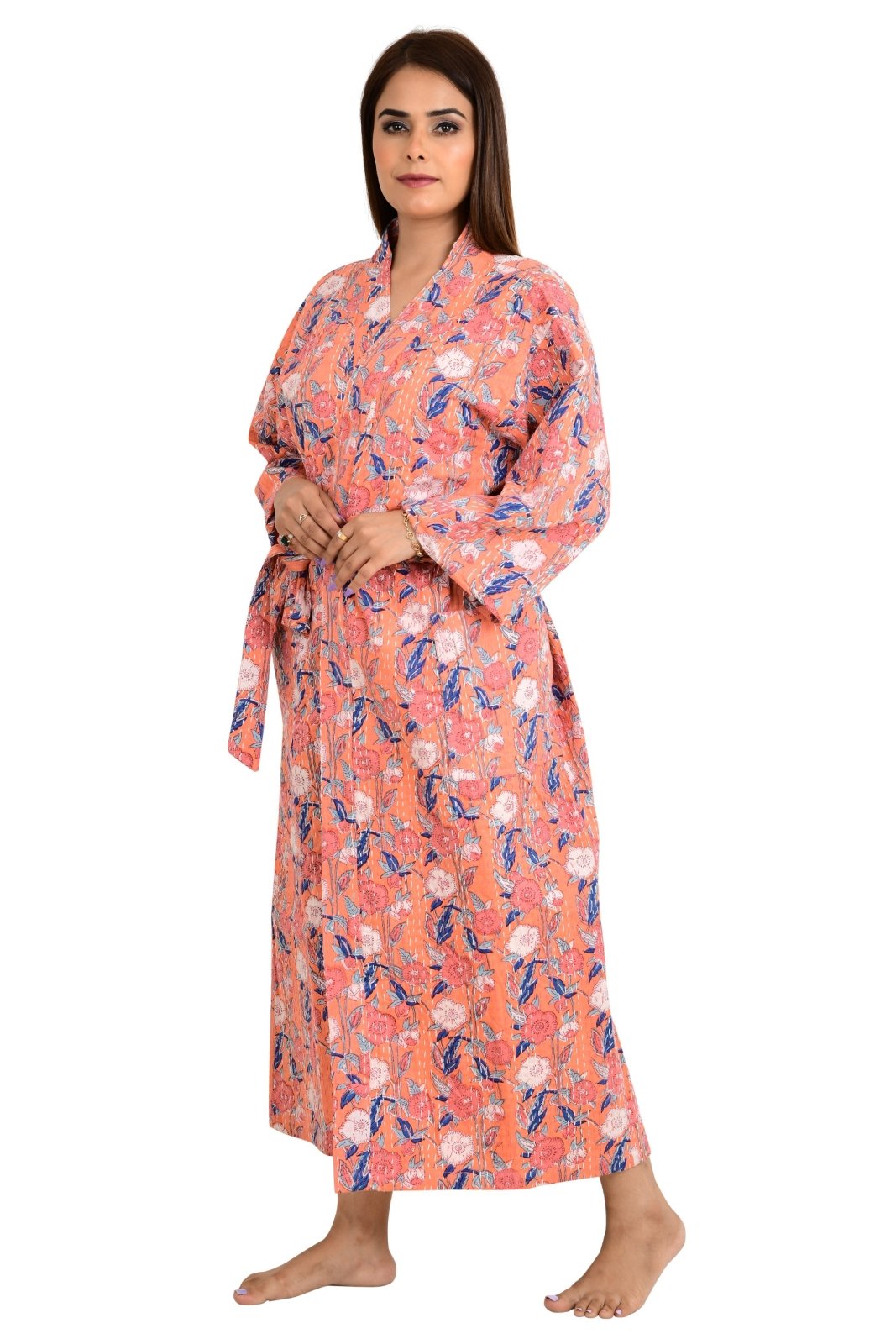 Kantha Stitch 100% Cotton Reversible Long Kimono Women Jacket | Handmade Stitch Robe | Unisex Gift | Peach Floral Print - The Eastern Loom