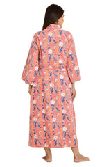 Kantha Stitch 100% Cotton Reversible Long Kimono Women Jacket | Handmade Stitch Robe | Unisex Gift | Peach Floral Print - The Eastern Loom