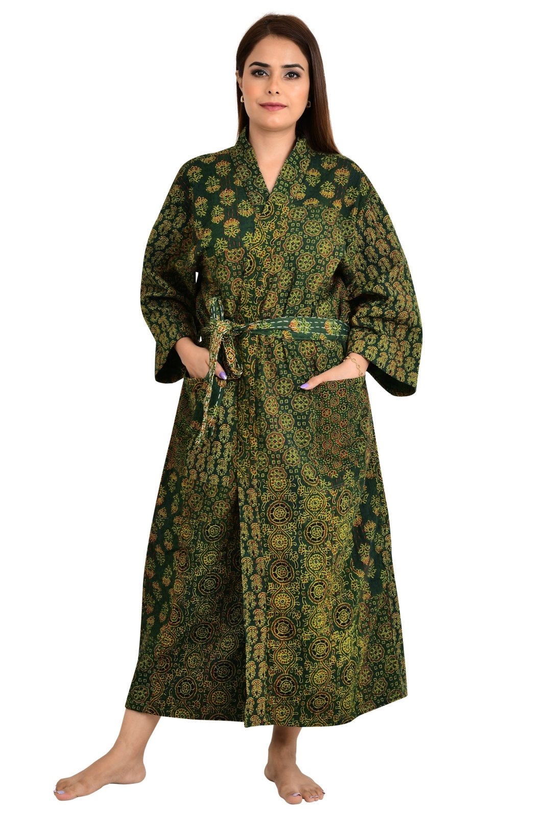 Kantha Stitch 100% Cotton Reversible Long Kimono Women Jacket | Handmade Stitch Robe | Unisex Gift | Red Orange Yellow Ajrakh Print - The Eastern Loom