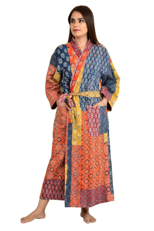 Kantha Stitch 100% Cotton Reversible Long Kimono Women Jacket | Handmade Stitch Robe | Unisex Gift | Red Orange Yellow Ajrakh Print - The Eastern Loom