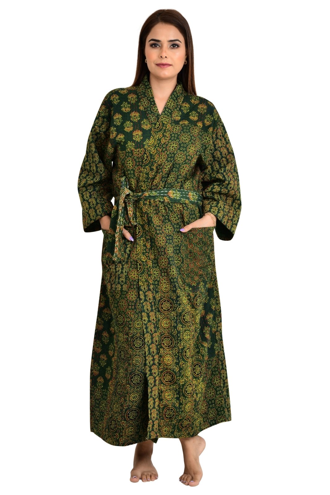 Kantha Stitch 100% Cotton Reversible Long Kimono Women Jacket | Handmade Stitch Robe | Unisex Gift | Red Orange Yellow Ajrakh Print - The Eastern Loom