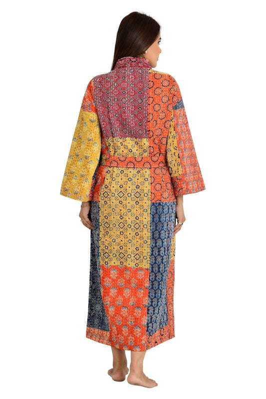 Kantha Stitch 100% Cotton Reversible Long Kimono Women Jacket | Handmade Stitch Robe | Unisex Gift | Red Orange Yellow Ajrakh Print - The Eastern Loom