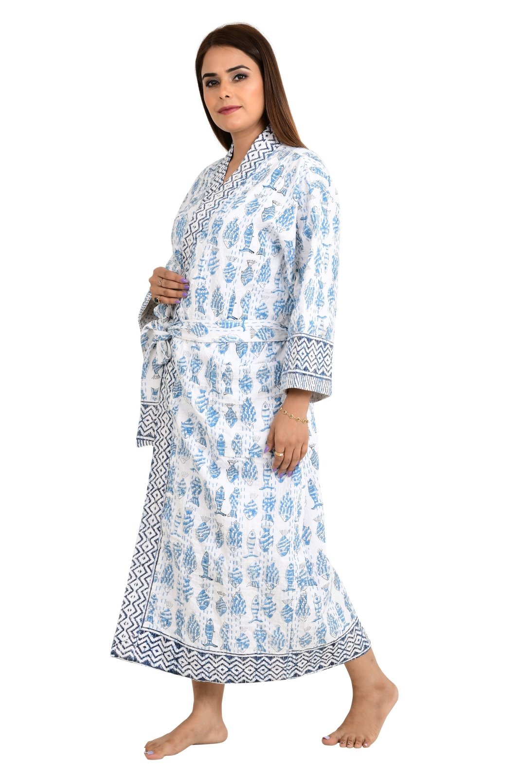 Kantha Stitch 100% Cotton Reversible Long Kimono Women Jacket | Handmade Stitch Robe | Unisex Gift | White Blue Fish Print - The Eastern Loom