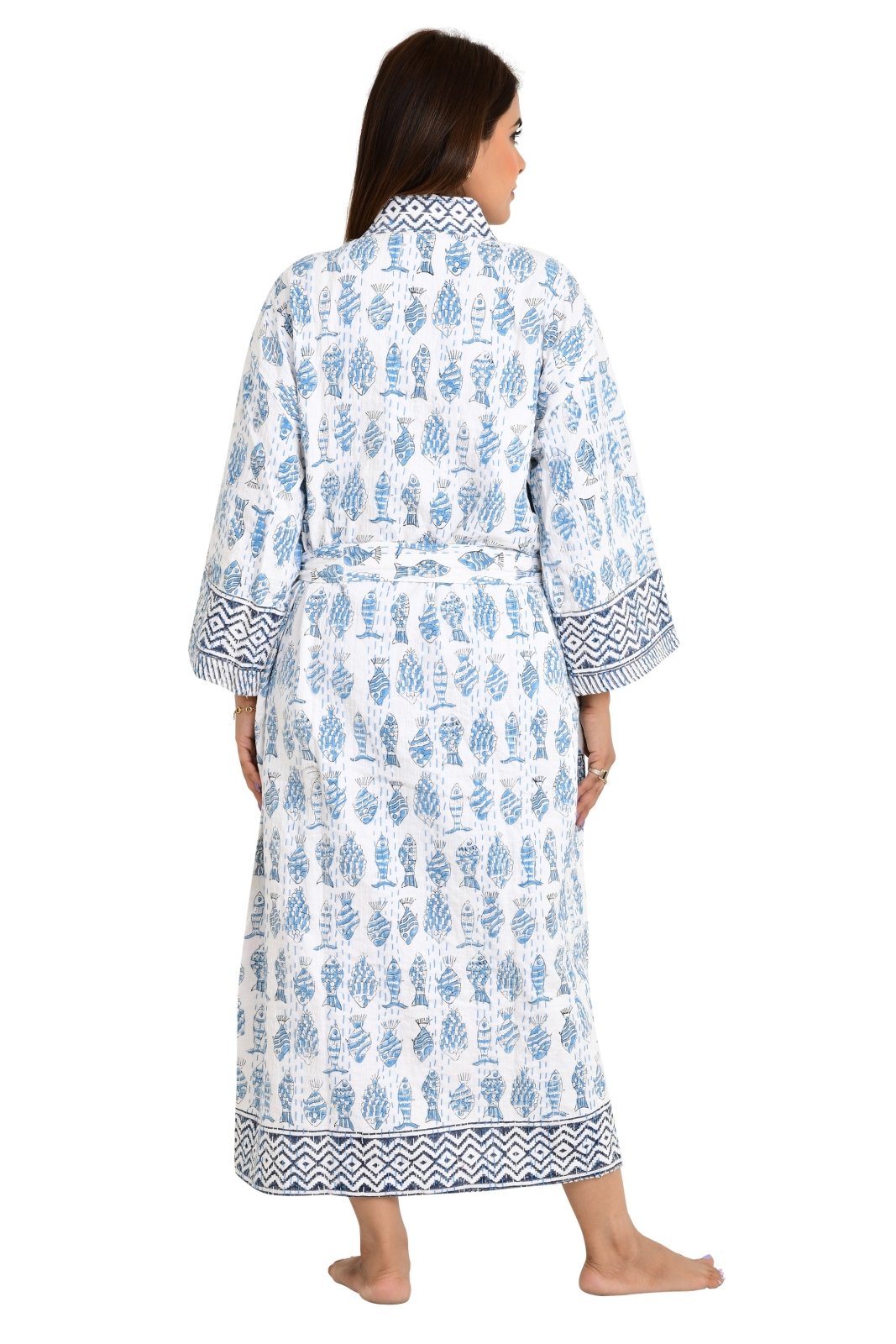 Kantha Stitch 100% Cotton Reversible Long Kimono Women Jacket | Handmade Stitch Robe | Unisex Gift | White Blue Fish Print - The Eastern Loom