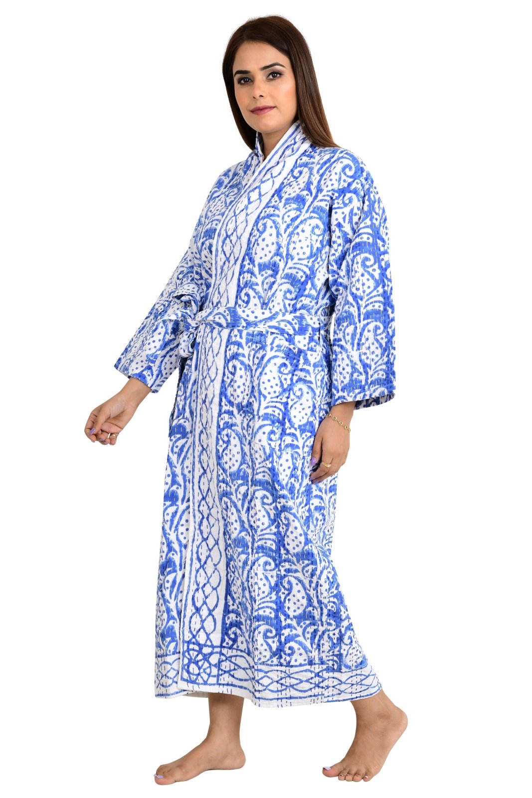 Kantha Stitch 100% Cotton Reversible Long Kimono Women Jacket | Handmade Stitch Robe | Unisex Gift | White Blue Leaf Print - The Eastern Loom