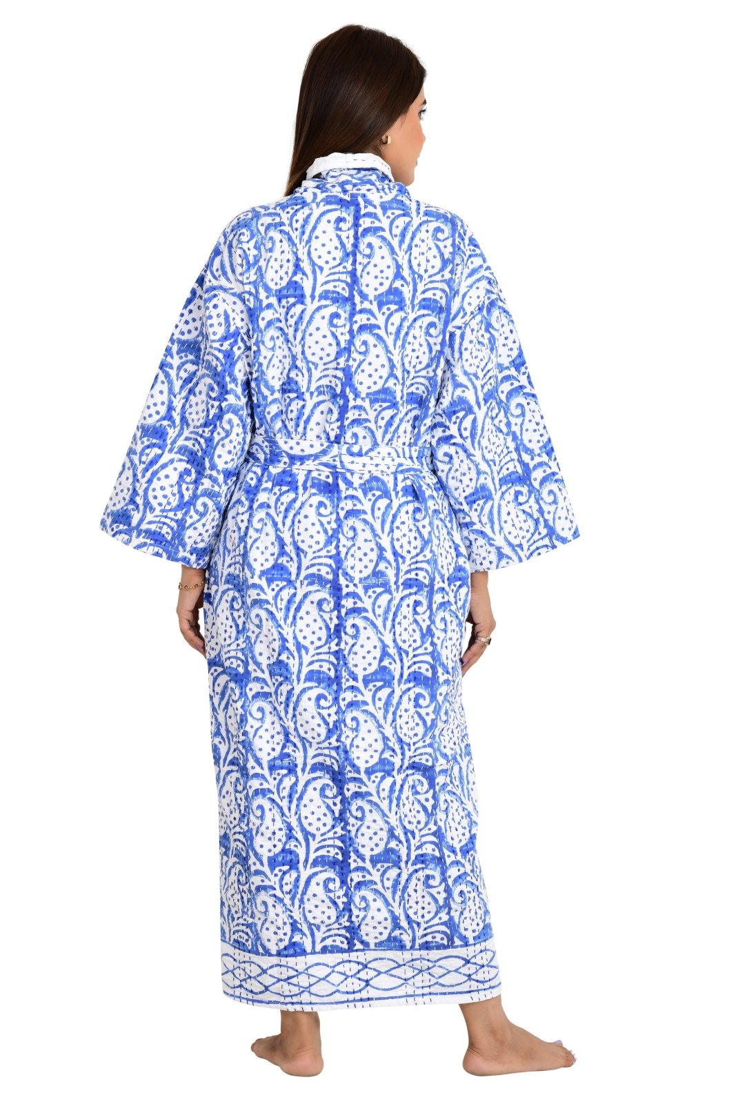 Kantha Stitch 100% Cotton Reversible Long Kimono Women Jacket | Handmade Stitch Robe | Unisex Gift | White Blue Leaf Print - The Eastern Loom