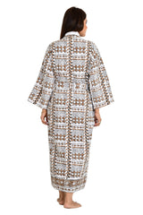 Kantha Stitch 100% Cotton Reversible Long Kimono Women Jacket | Handmade Stitch Robe | Unisex Gift | White Brown Geometric Pattern - The Eastern Loom
