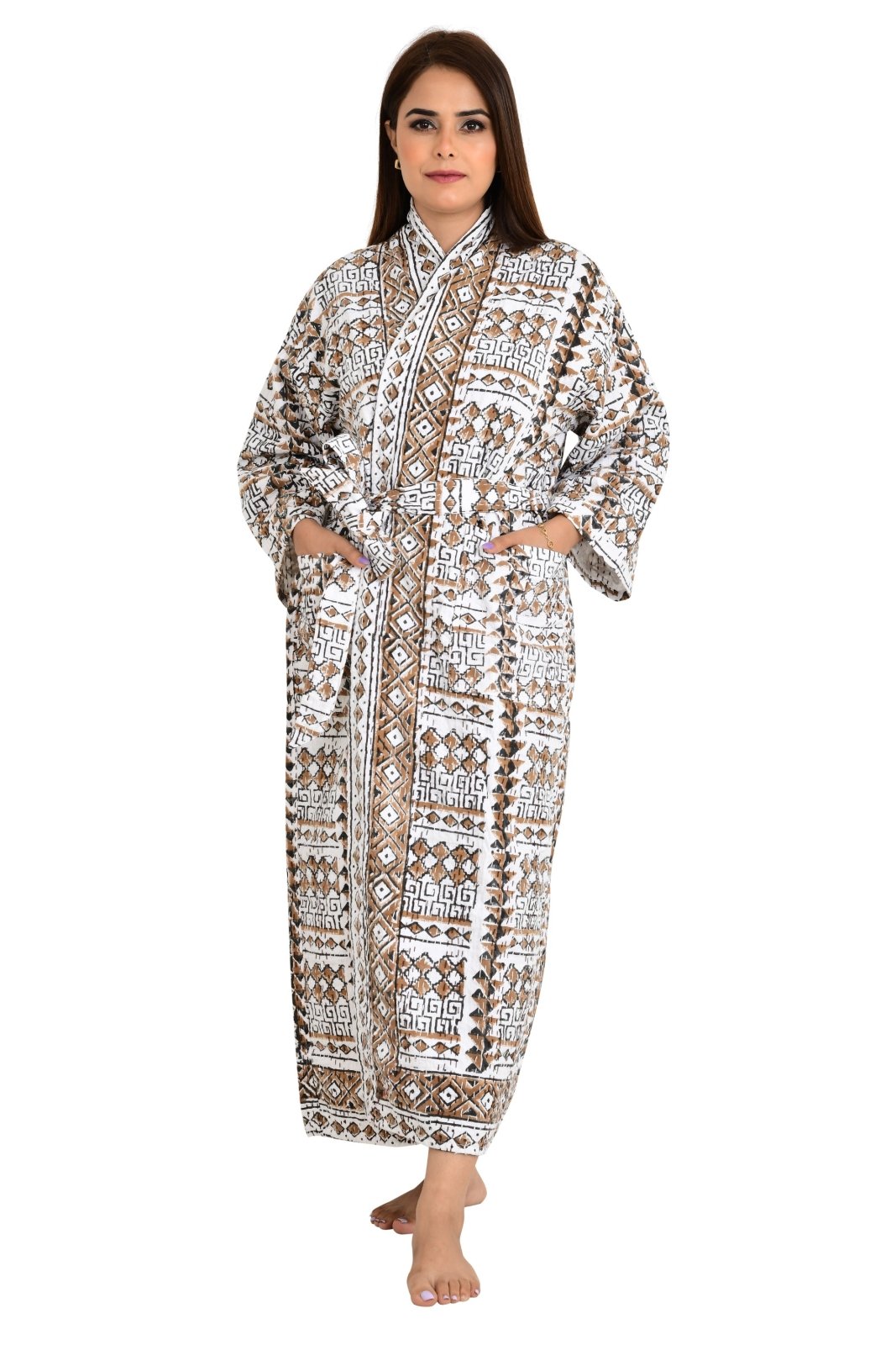 Kantha Stitch 100% Cotton Reversible Long Kimono Women Jacket | Handmade Stitch Robe | Unisex Gift | White Brown Geometric Pattern - The Eastern Loom