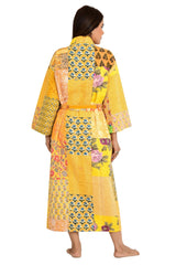 Kantha Stitch 100% Cotton Reversible Long Kimono Women Jacket | Handmade Stitch Robe | Unisex Gift | Yellow Patchwork Print - The Eastern Loom