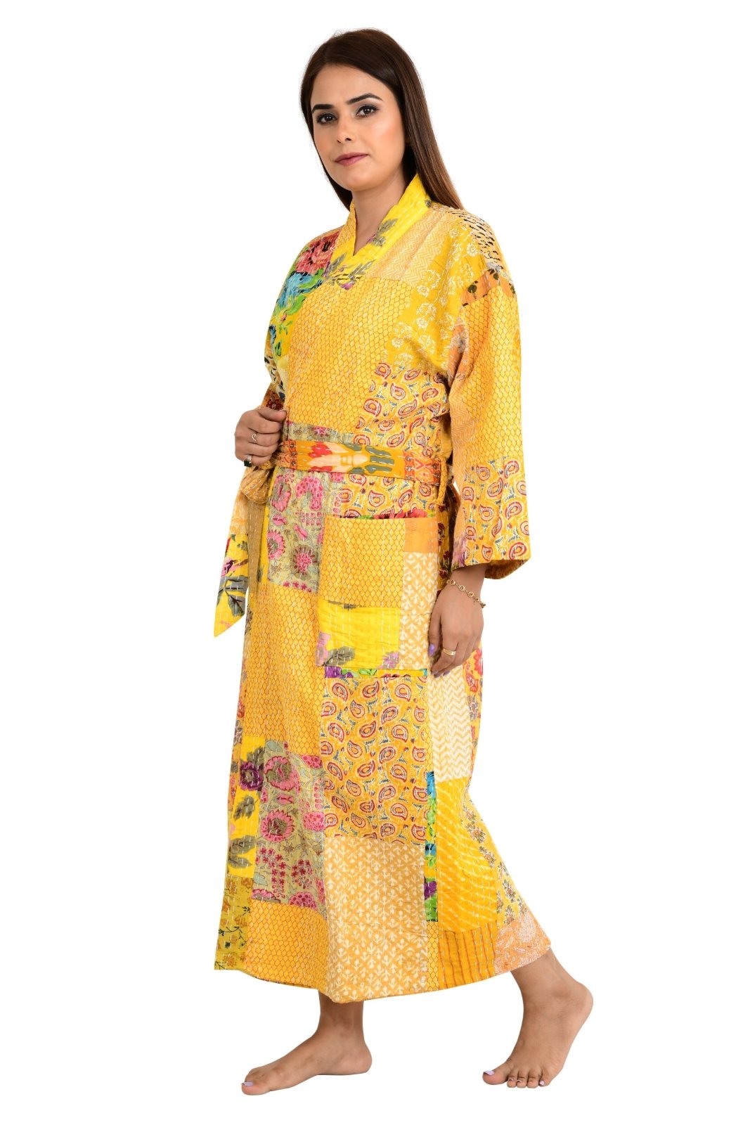 Kantha Stitch 100% Cotton Reversible Long Kimono Women Jacket | Handmade Stitch Robe | Unisex Gift | Yellow Patchwork Print - The Eastern Loom