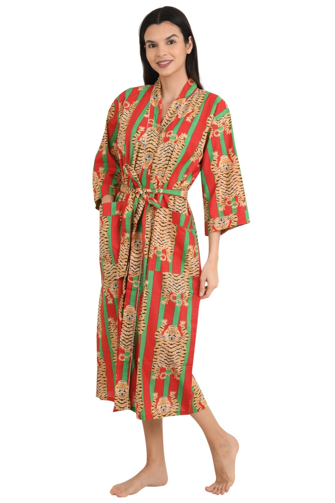 Kimono House Robe Indian Handprinted Strips Cheetah Print Pattern | Lightweight Summer Luxury Beach Holidays Yacht Cover Up Stunning Dress - The Eastern Loom