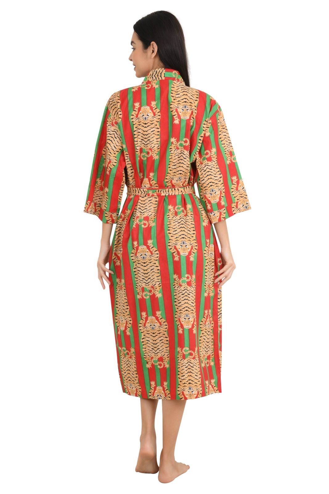 Kimono House Robe Indian Handprinted Strips Cheetah Print Pattern | Lightweight Summer Luxury Beach Holidays Yacht Cover Up Stunning Dress - The Eastern Loom