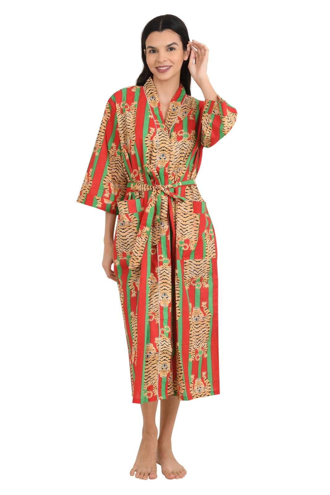 Kimono House Robe Indian Handprinted Strips Cheetah Print Pattern | Lightweight Summer Luxury Beach Holidays Yacht Cover Up Stunning Dress - The Eastern Loom