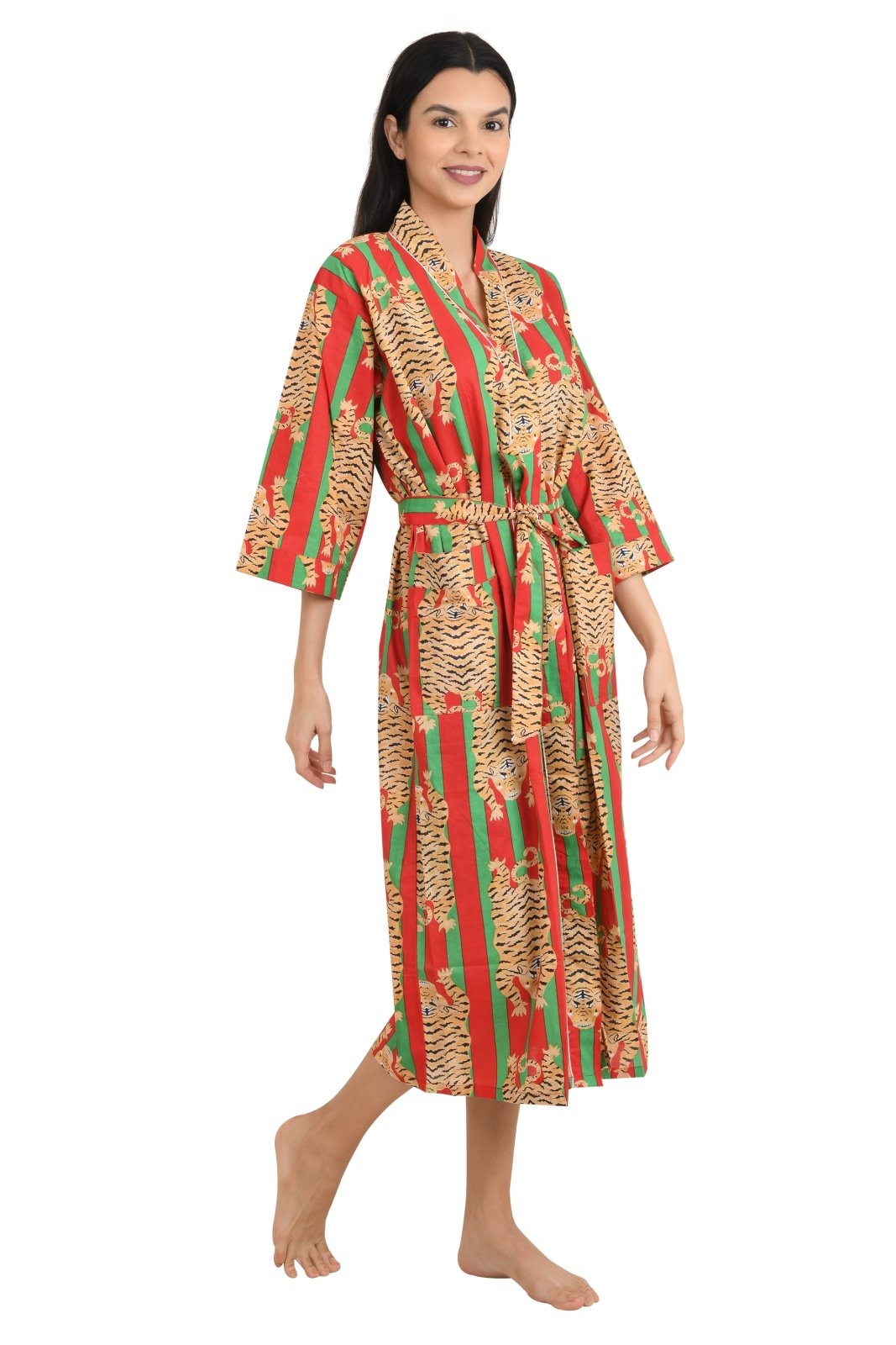 Kimono House Robe Indian Handprinted Strips Cheetah Print Pattern | Lightweight Summer Luxury Beach Holidays Yacht Cover Up Stunning Dress - The Eastern Loom