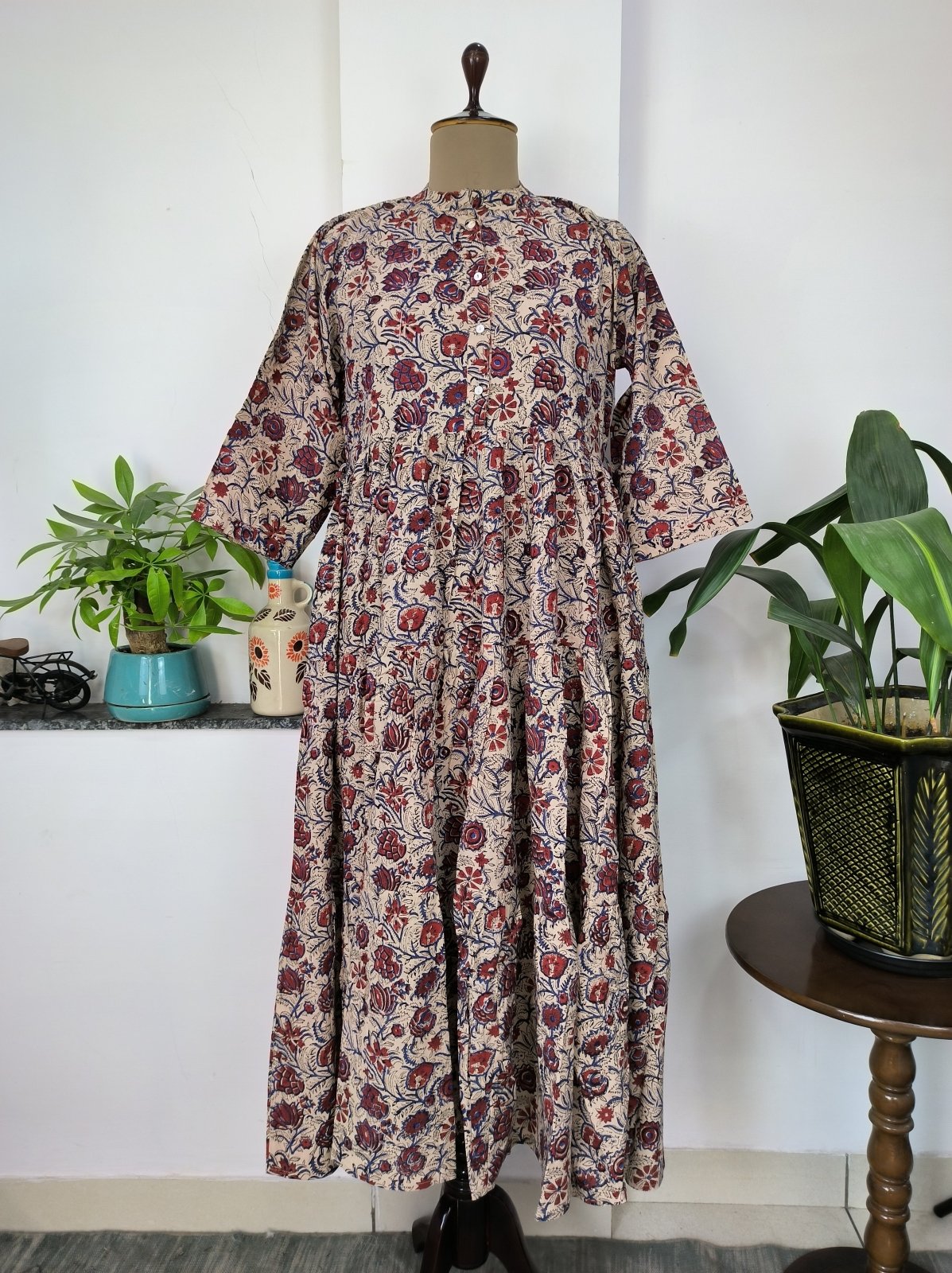 Long Cotton Dress Hand Block Printed Hand Stitched | Perfect Anniversary Christmas Gift For Her Sister Mother | Beige Red Blue Lotus Floral - The Eastern Loom