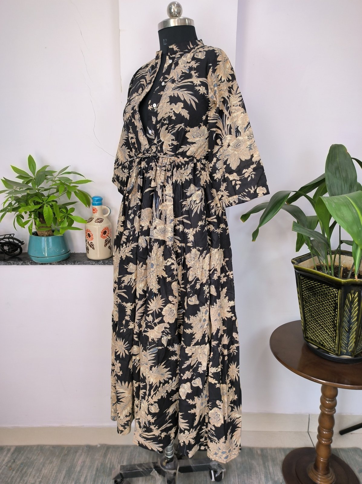 Long Cotton Dress Hand Block Printed Hand Stitched | Perfect Anniversary Christmas Gift For Her Sister Mother | Black Beige Floral - The Eastern Loom
