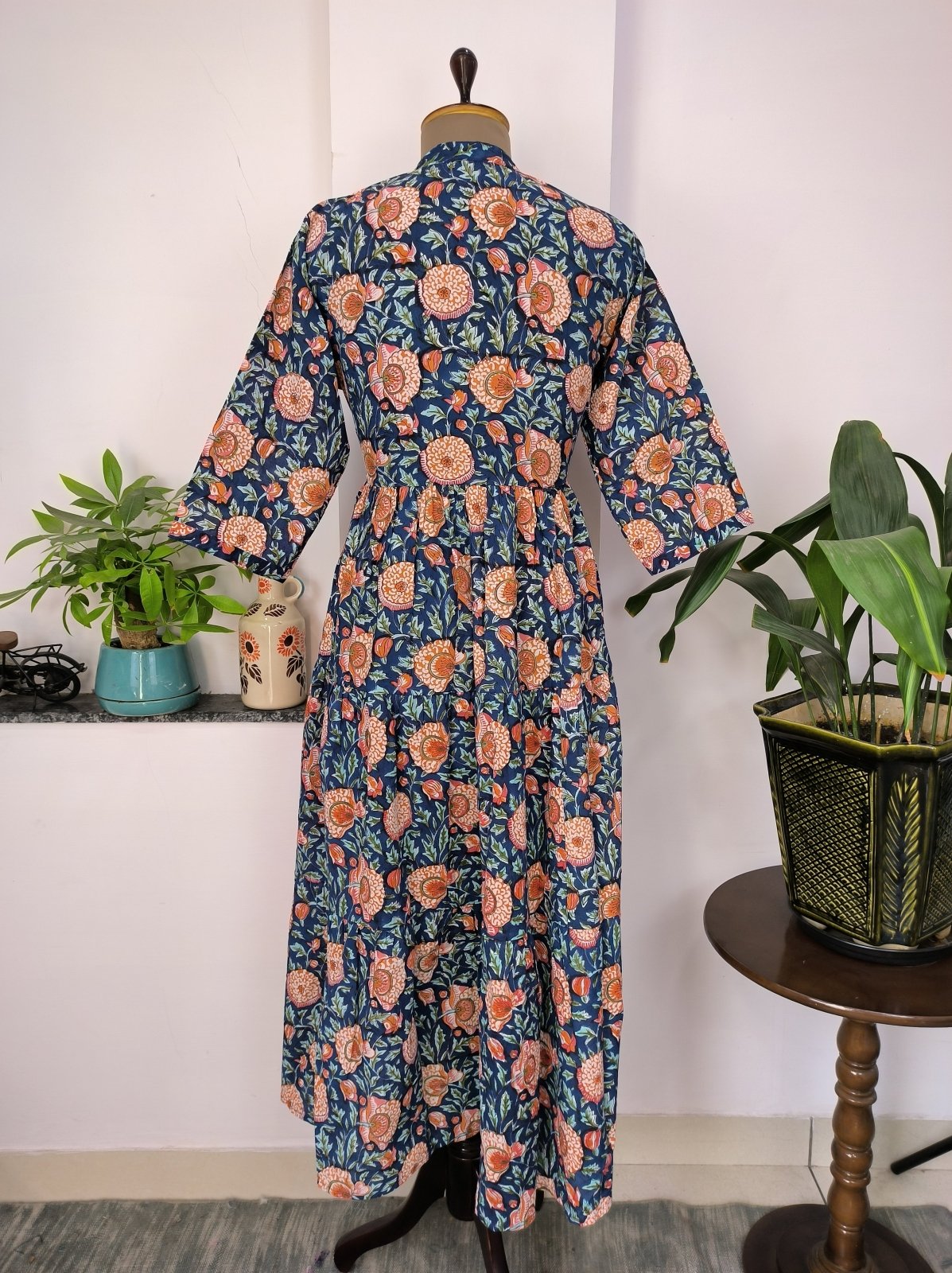 Long Cotton Dress Hand Block Printed Hand Stitched | Perfect Anniversary Christmas Gift For Her Sister Mother | Blue Orange Botanical Floral - The Eastern Loom