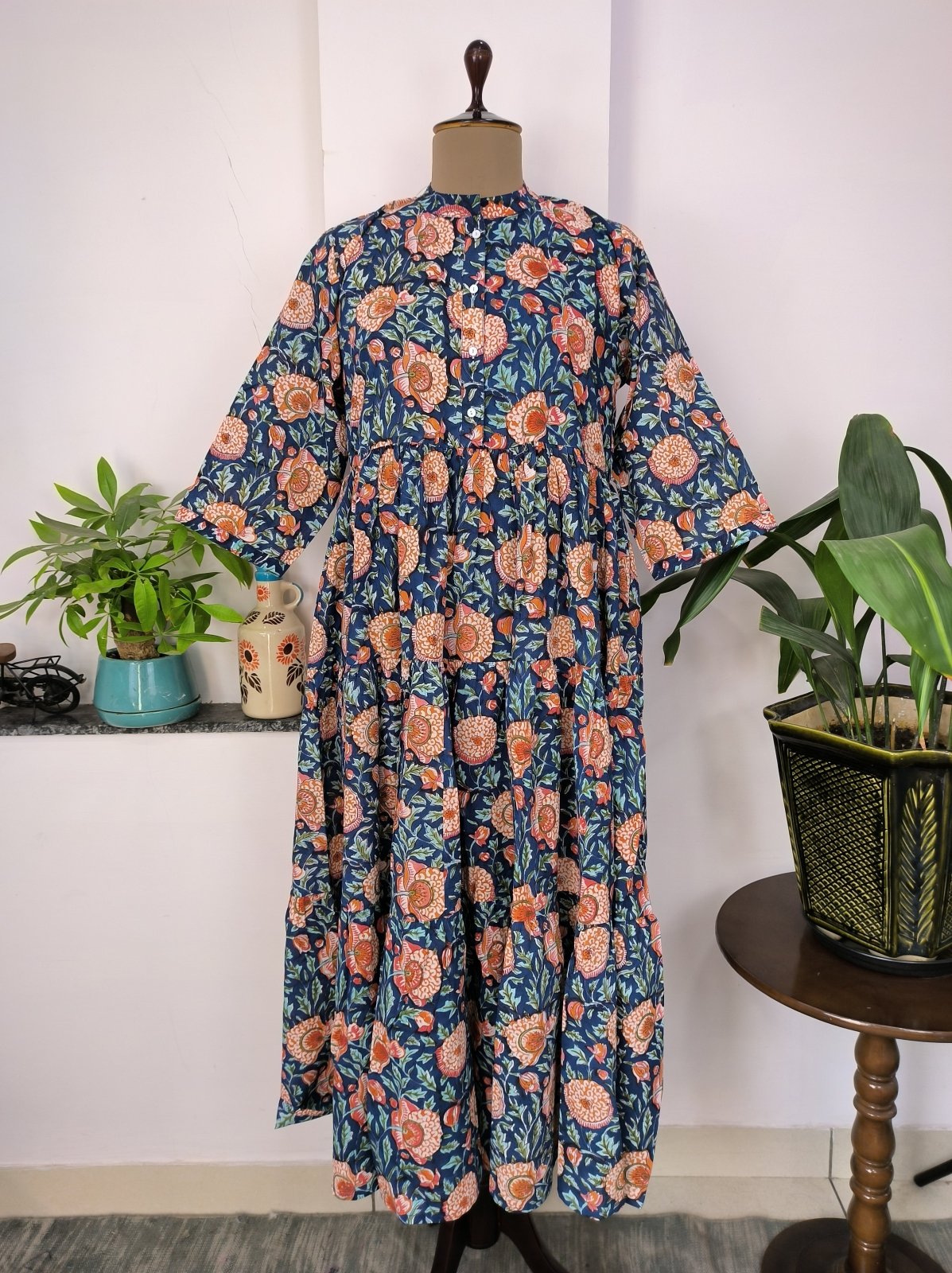 Long Cotton Dress Hand Block Printed Hand Stitched | Perfect Anniversary Christmas Gift For Her Sister Mother | Blue Orange Botanical Floral - The Eastern Loom
