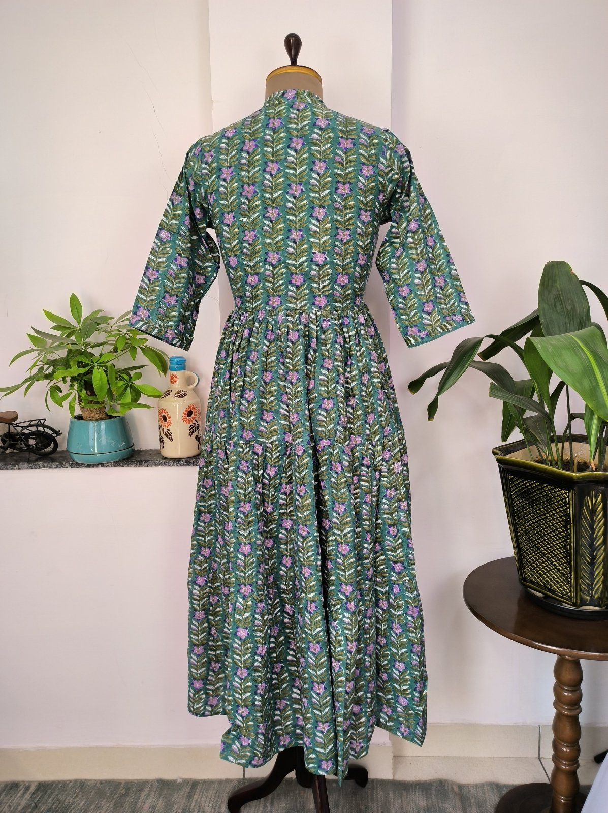 Long Cotton Dress Hand Block Printed Hand Stitched | Perfect Anniversary Christmas Gift For Her Sister Mother | Green Purple Floral - The Eastern Loom