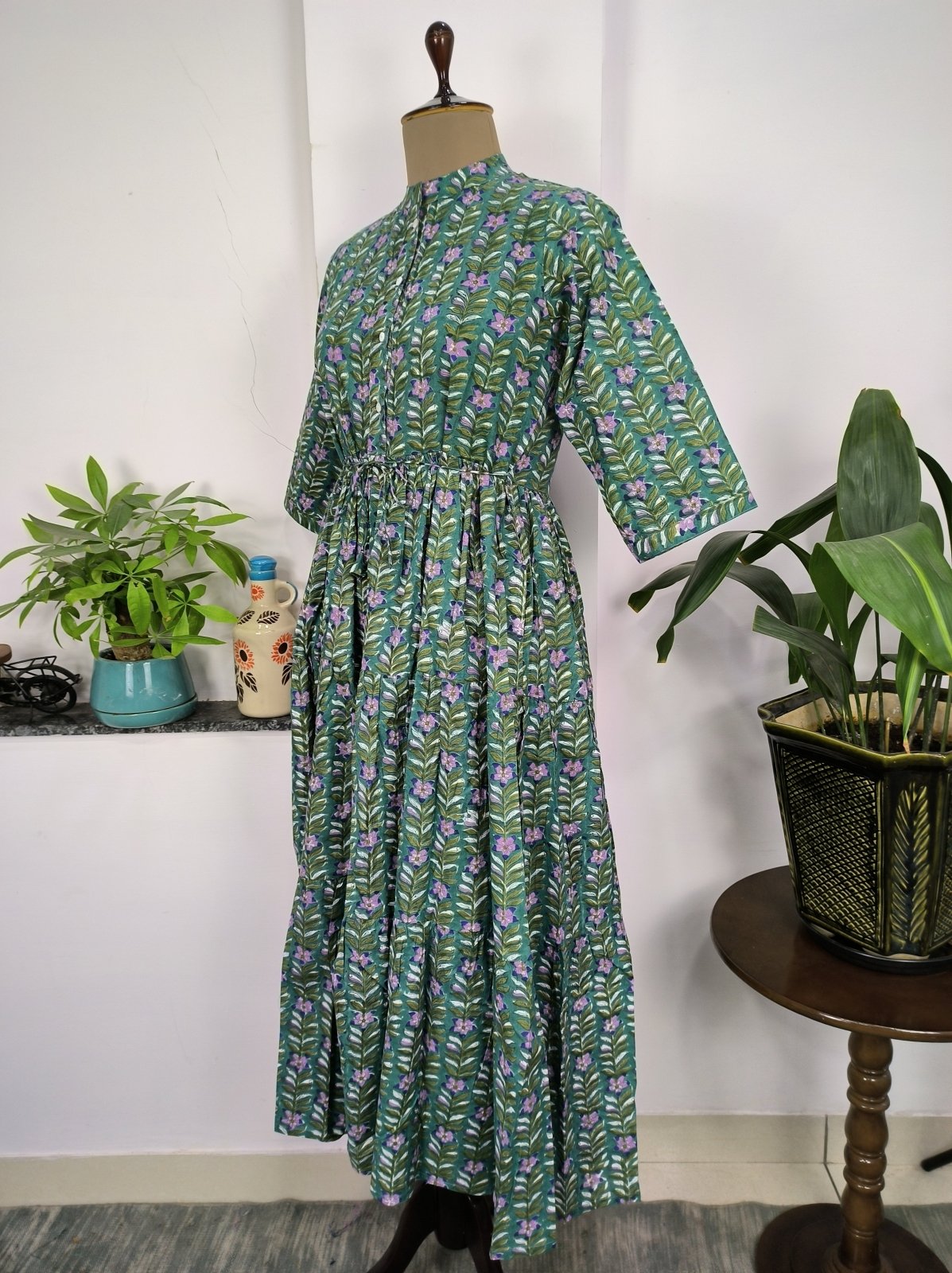 Long Cotton Dress Hand Block Printed Hand Stitched | Perfect Anniversary Christmas Gift For Her Sister Mother | Green Purple Floral - The Eastern Loom