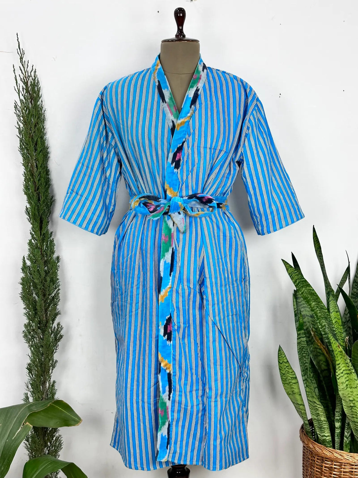 Luxury Velvet House Robe Unisex Kimono Jacket Reversible Silk Lined Autumn Winter Gift Aqua Blue Ikat Geometric Print | Valentine Love - The Eastern Loom