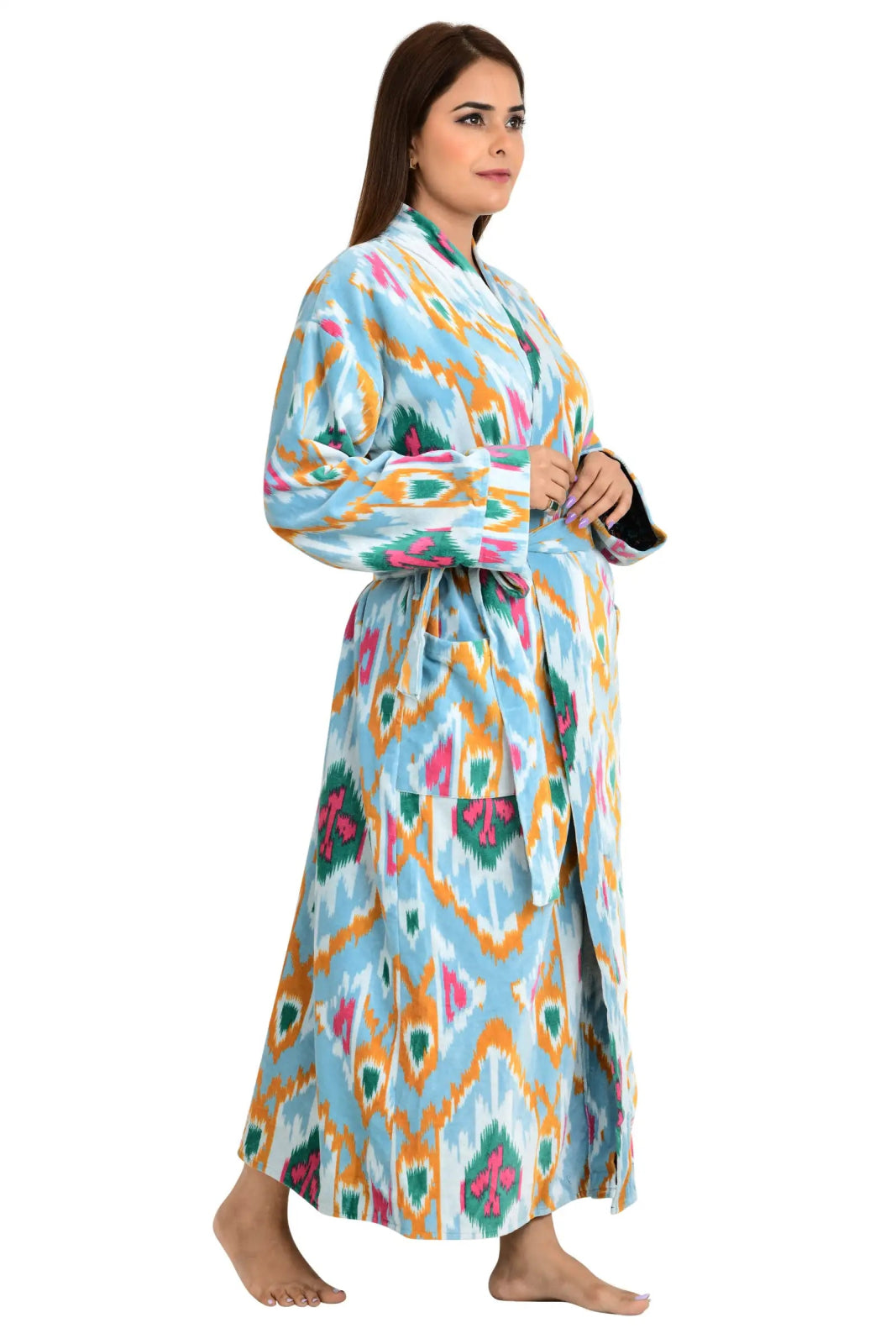 Luxury Velvet House Robe Unisex Kimono Jacket Reversible Silk Lined Autumn Winter Gift Elegant Ikat Green Malibu Bluish Valentine Love - The Eastern Loom