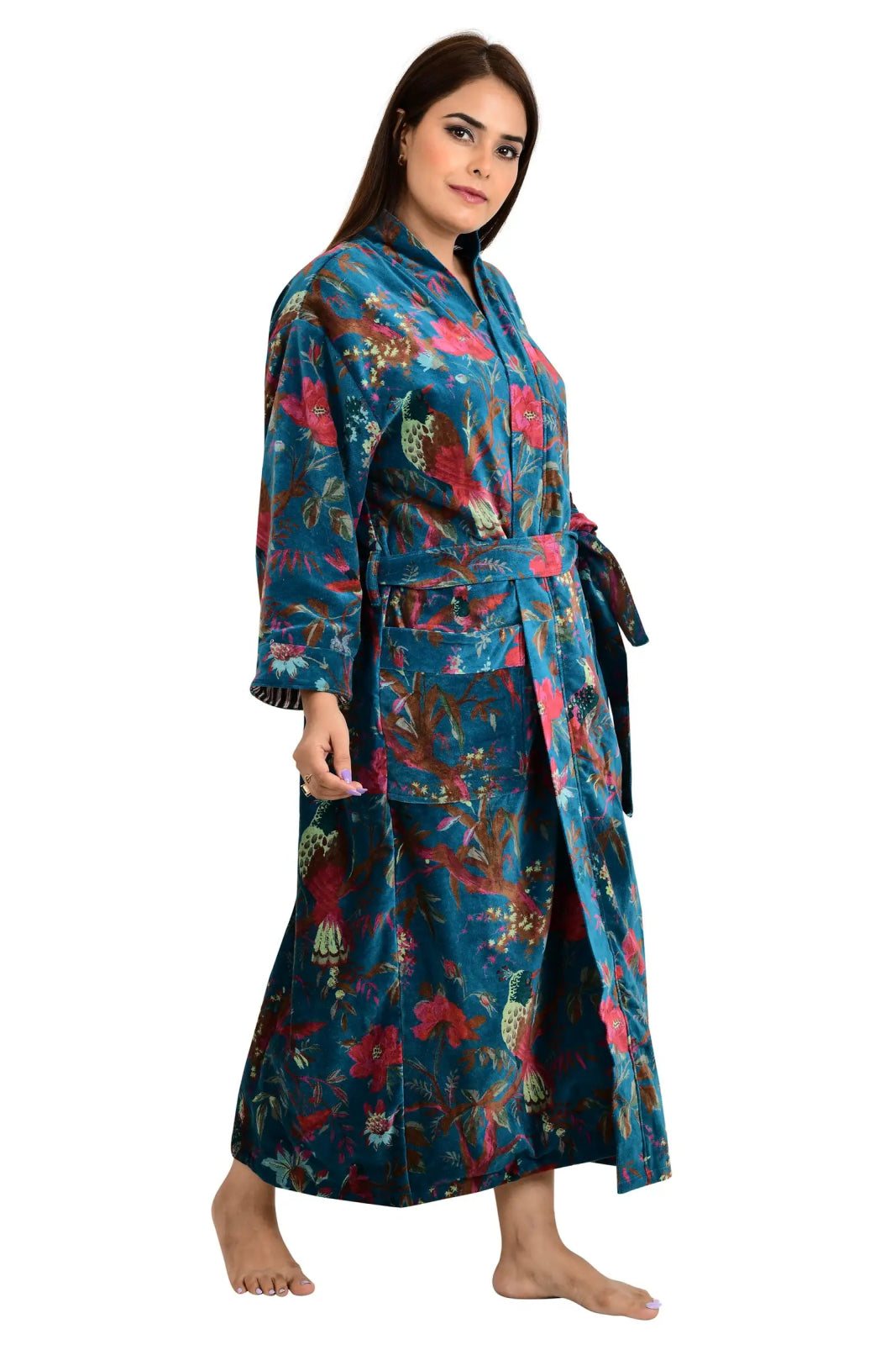 Luxury Velvet House Robe Unisex Kimono Jacket Reversible Silk Lined Autumn Winter Gift Mid Night Blue Botanical Floral Valentine Love - The Eastern Loom