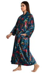 Luxury Velvet House Robe Unisex Kimono Jacket Reversible Silk Lined Autumn Winter Gift Mid Night Blue Botanical Floral Valentine Love - The Eastern Loom
