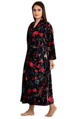 Luxury Velvet House Robe | Unisex Kimono Jacket Reversible Silk Lined Autumn Winter Gift Mid Night Botanical Bloom Floral Valentine Love - The Eastern Loom