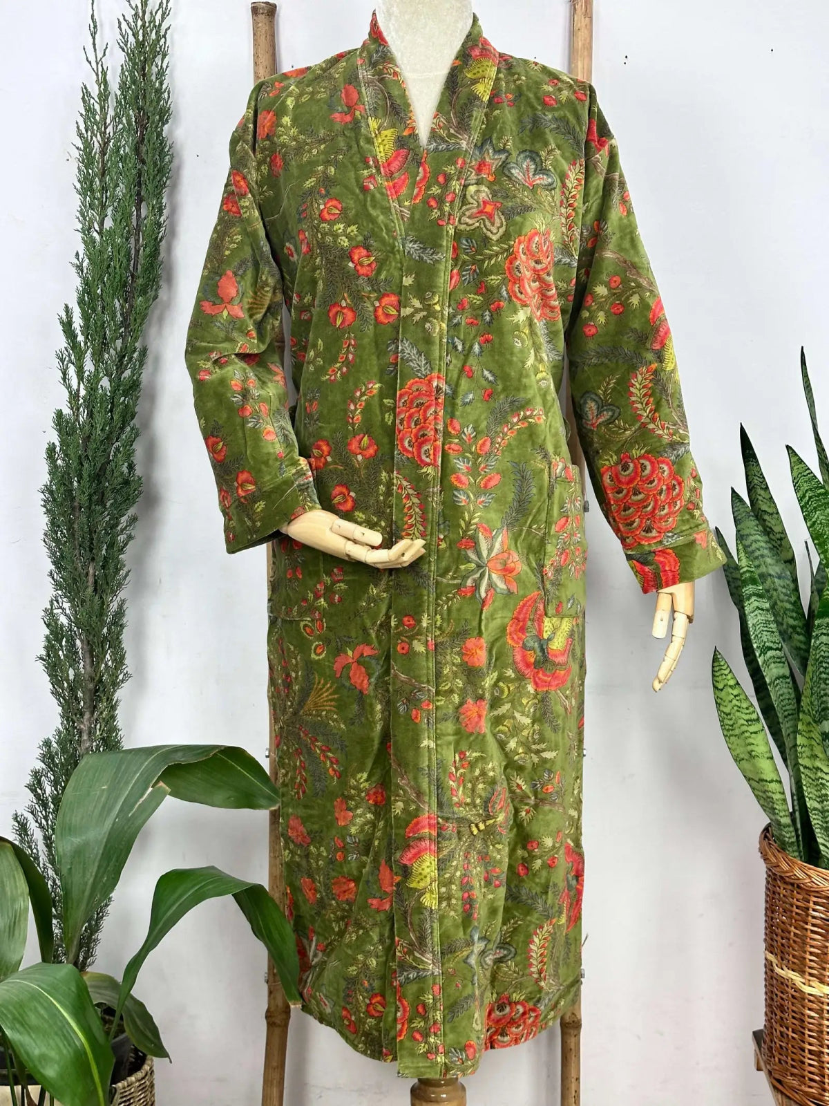 Luxury Velvet House Robe Unisex Kimono Jacket Reversible Silk Lined Autumn Winter Gift Muddy Green Botanical Bloom Floral Valentine Love - The Eastern Loom