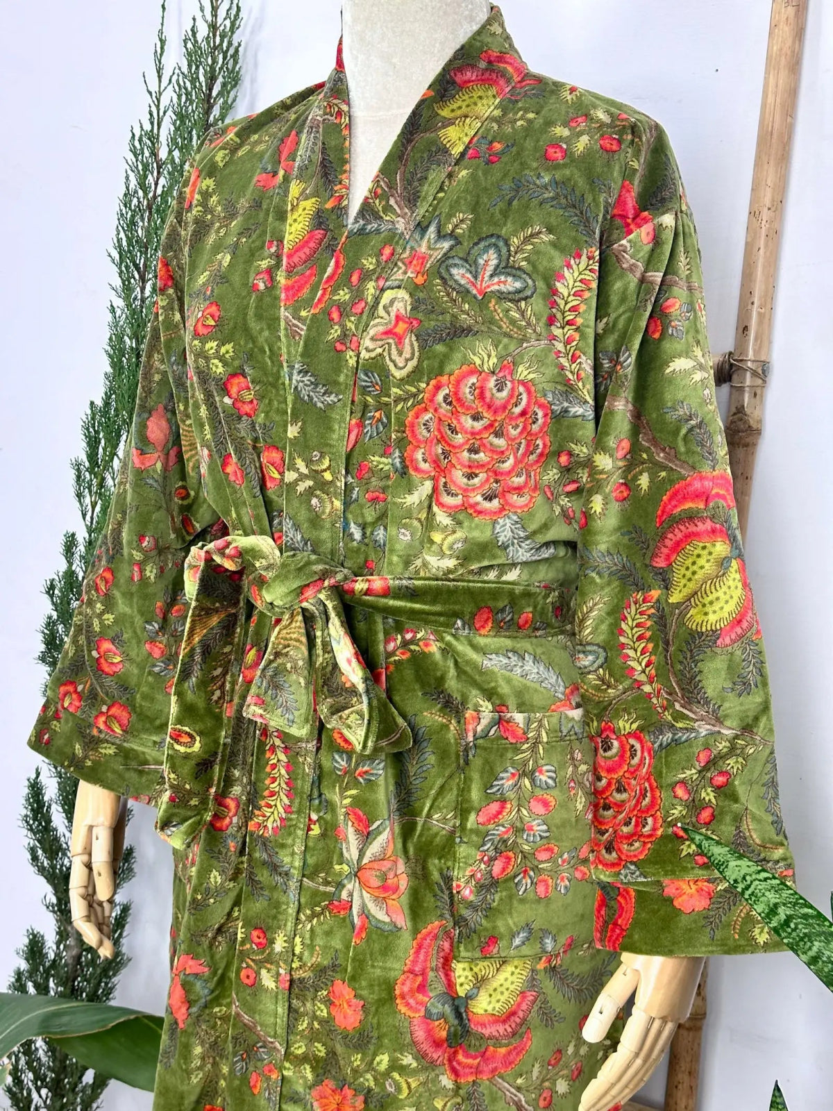 Luxury Velvet House Robe Unisex Kimono Jacket Reversible Silk Lined Autumn Winter Gift Muddy Green Botanical Bloom Floral Valentine Love - The Eastern Loom