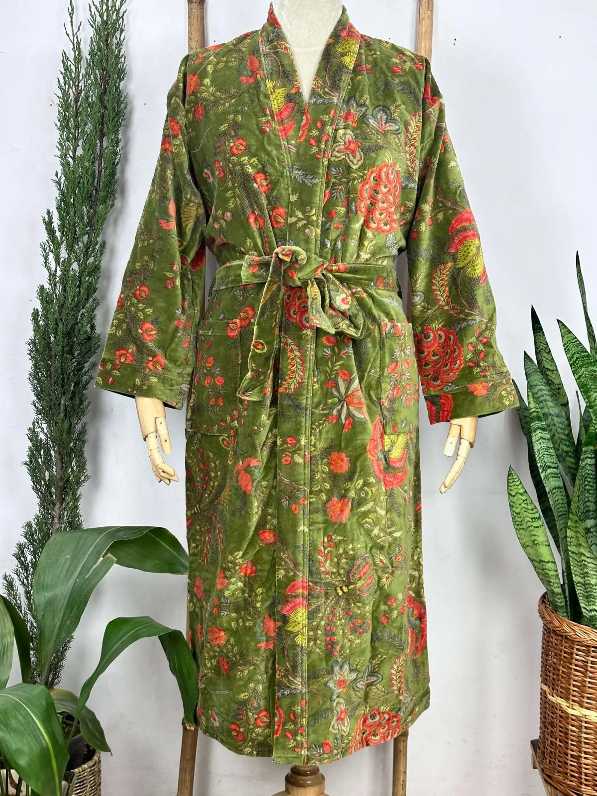 Luxury Velvet House Robe Unisex Kimono Jacket Reversible Silk Lined Autumn Winter Gift Muddy Green Botanical Bloom Floral Valentine Love - The Eastern Loom