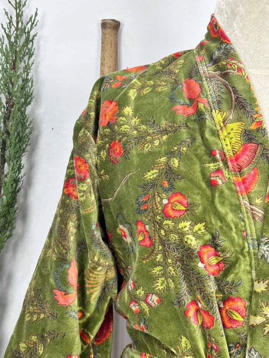 Luxury Velvet House Robe Unisex Kimono Jacket Reversible Silk Lined Autumn Winter Gift Muddy Green Botanical Bloom Floral Valentine Love - The Eastern Loom