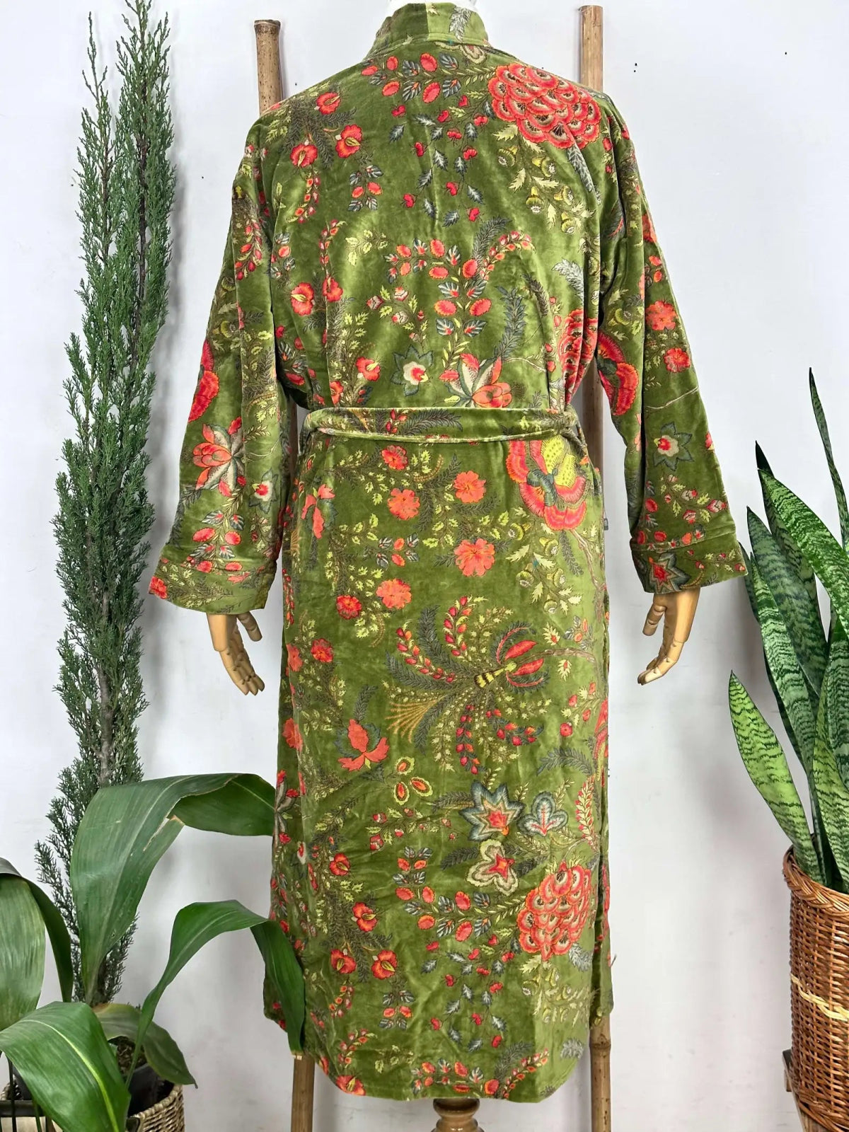 Luxury Velvet House Robe Unisex Kimono Jacket Reversible Silk Lined Autumn Winter Gift Muddy Green Botanical Bloom Floral Valentine Love - The Eastern Loom