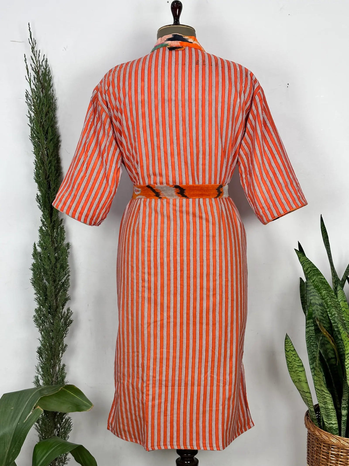 Luxury Velvet House Robe Unisex Kimono Jacket Reversible Silk Lined Autumn Winter Gift Orange Burst Ikat Geometric Print | Valentine Love - The Eastern Loom