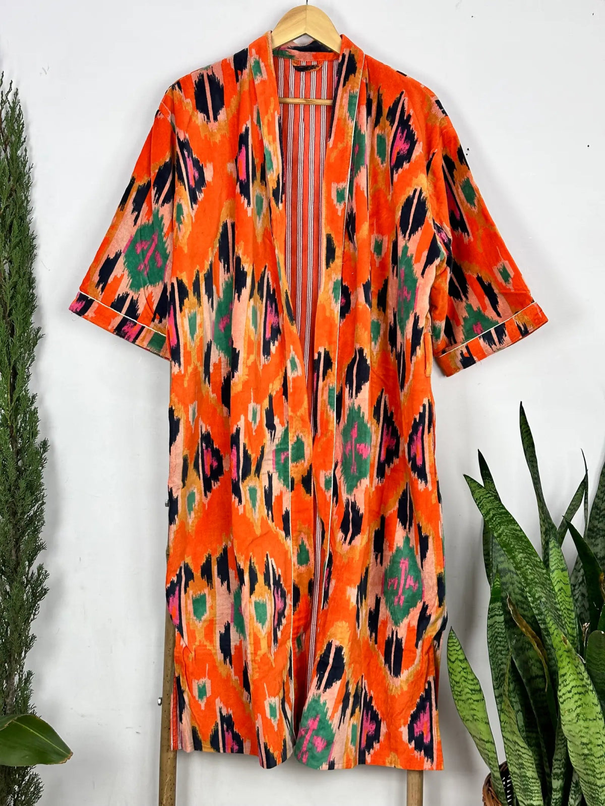 Luxury Velvet House Robe Unisex Kimono Jacket Reversible Silk Lined Autumn Winter Gift Orange Burst Ikat Geometric Print | Valentine Love - The Eastern Loom