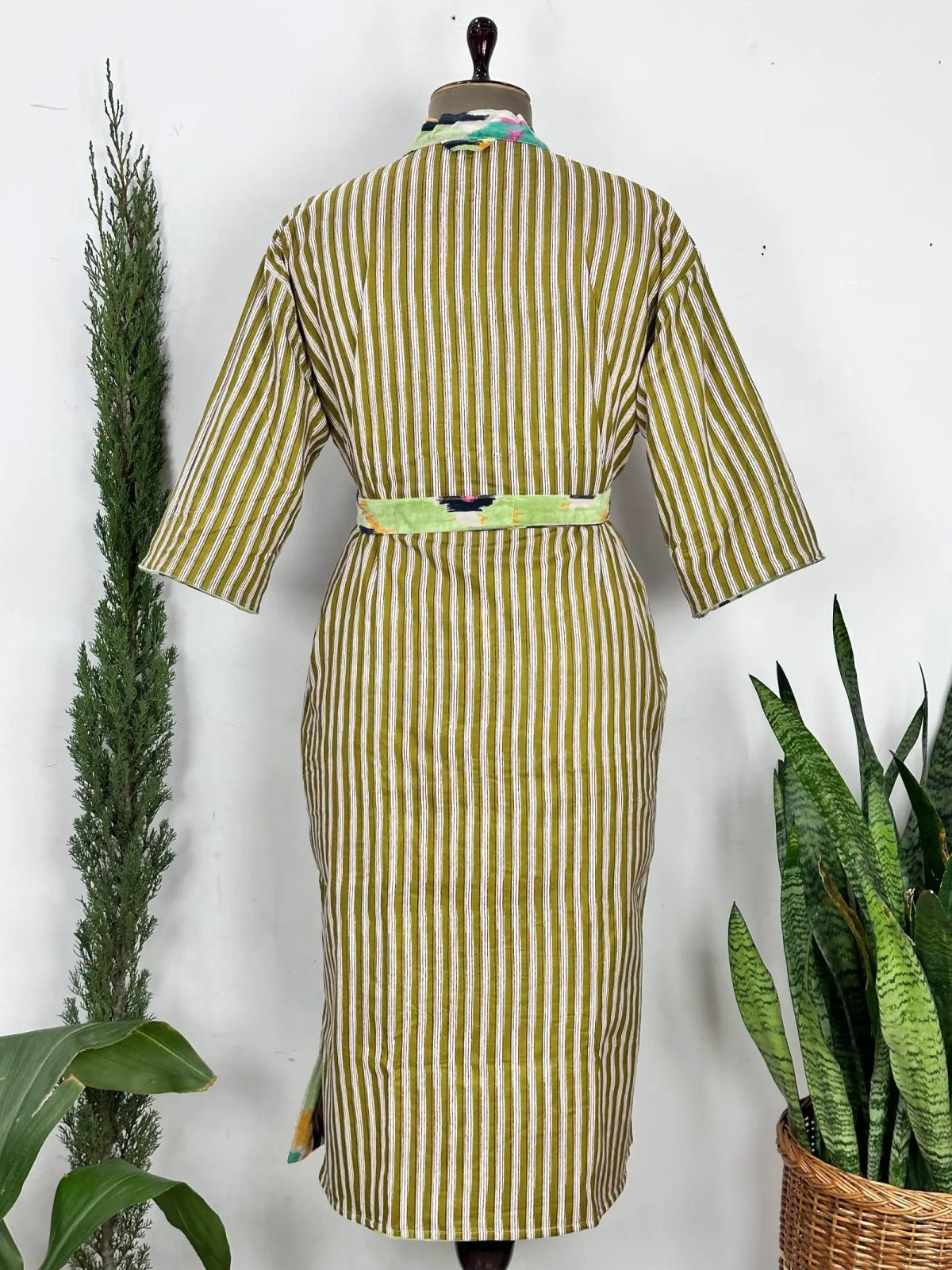 Luxury Velvet House Robe Unisex Kimono Jacket Reversible Silk Lined Autumn Winter Gift Pastel Green Geometric Print | Valentine Love - The Eastern Loom