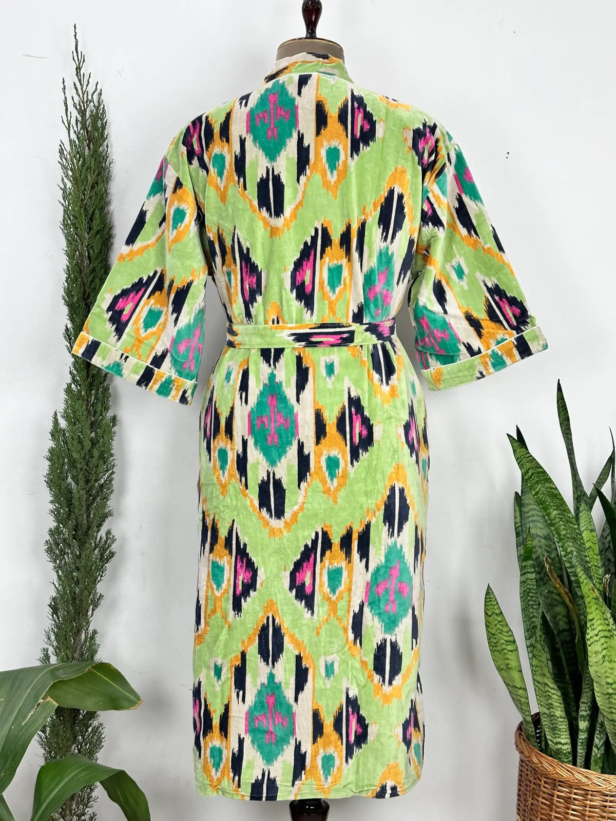 Luxury Velvet House Robe Unisex Kimono Jacket Reversible Silk Lined Autumn Winter Gift Pastel Green Geometric Print | Valentine Love - The Eastern Loom