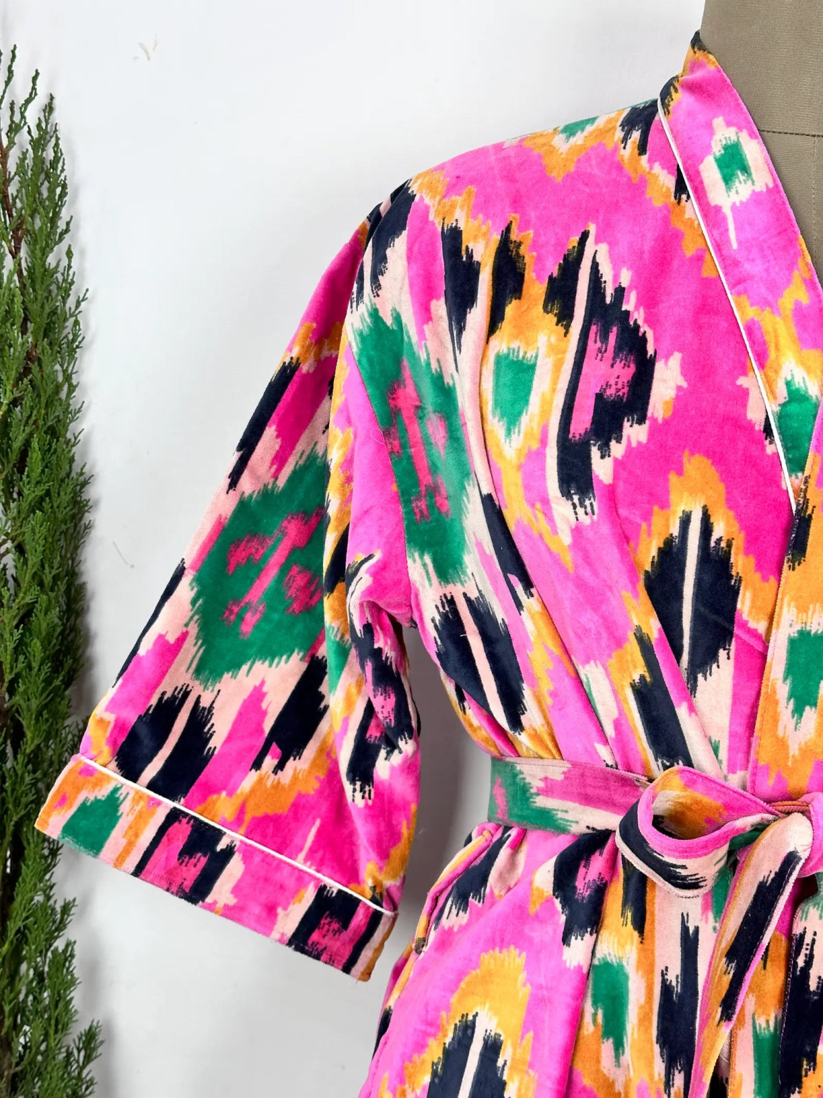 Luxury Velvet House Robe Unisex Kimono Jacket Reversible Silk Lined Autumn Winter Gift Pink Ikat Geometric Print | Valentine Love - The Eastern Loom