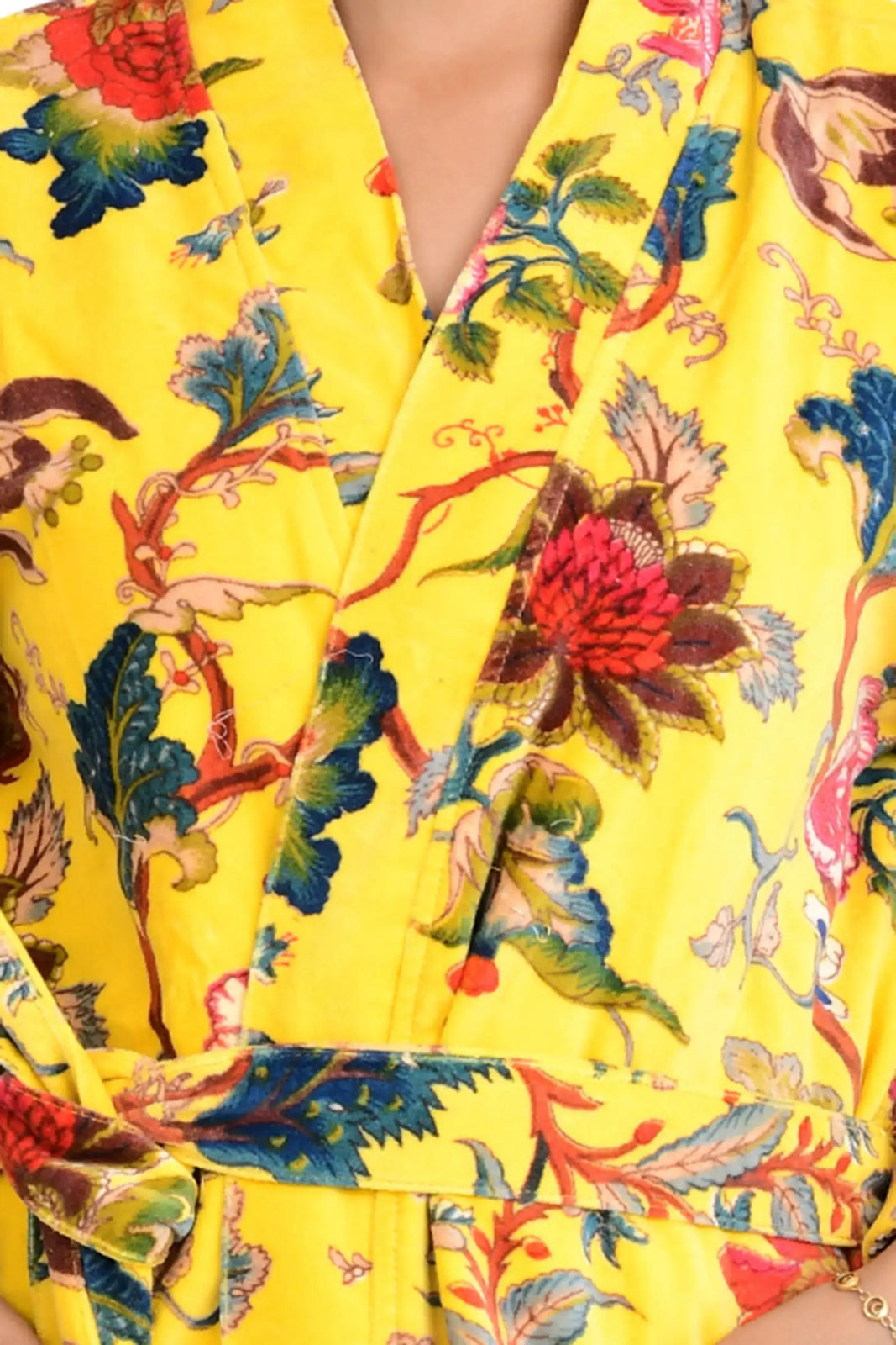 Luxury Velvet House Robe | Unisex Kimono Jacket Reversible Silk Lined | Autumn Winter Gift Yellow Floral Blossom Botanical | Valentine Love - The Eastern Loom
