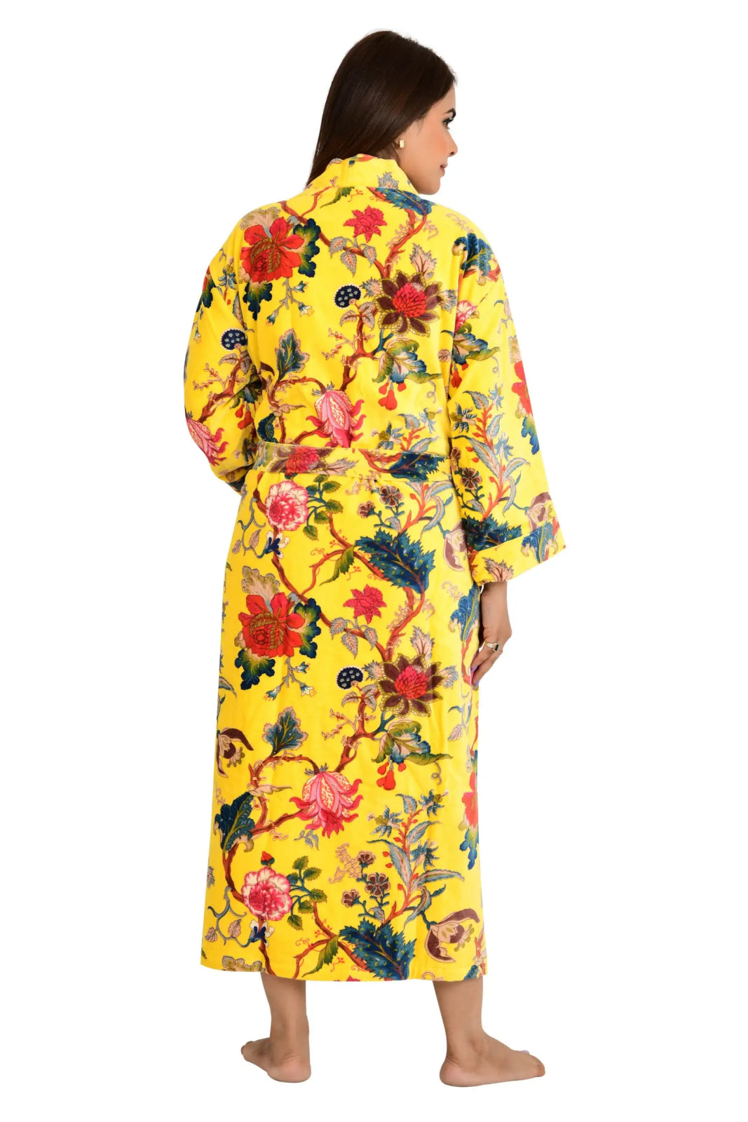 Luxury Velvet House Robe | Unisex Kimono Jacket Reversible Silk Lined | Autumn Winter Gift Yellow Floral Blossom Botanical | Valentine Love - The Eastern Loom