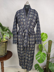 Men’s Cotton Handprinted House Robe Kimono Blue Geometric Circle Floral - The Eastern Loom