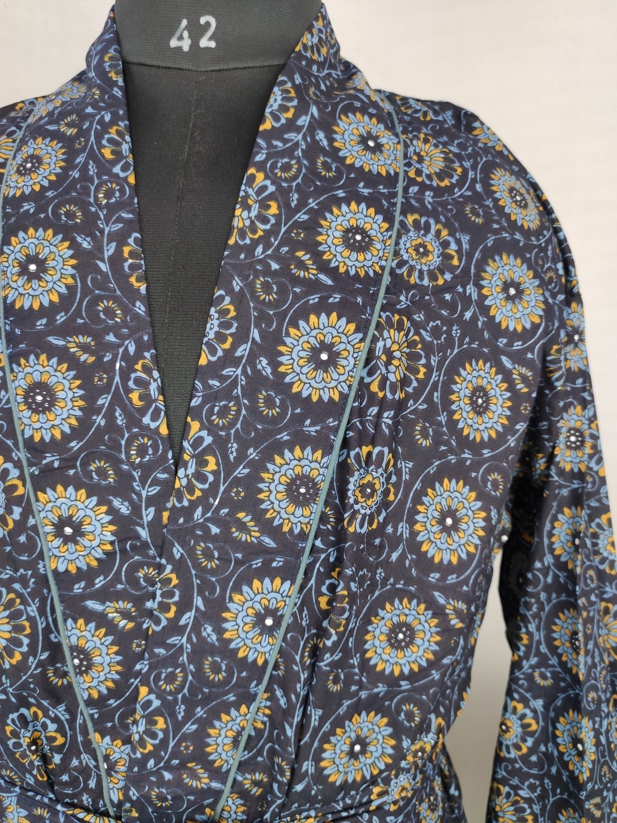 Men’s Cotton Handprinted House Robe Kimono Blue Geometric Circle Floral - The Eastern Loom