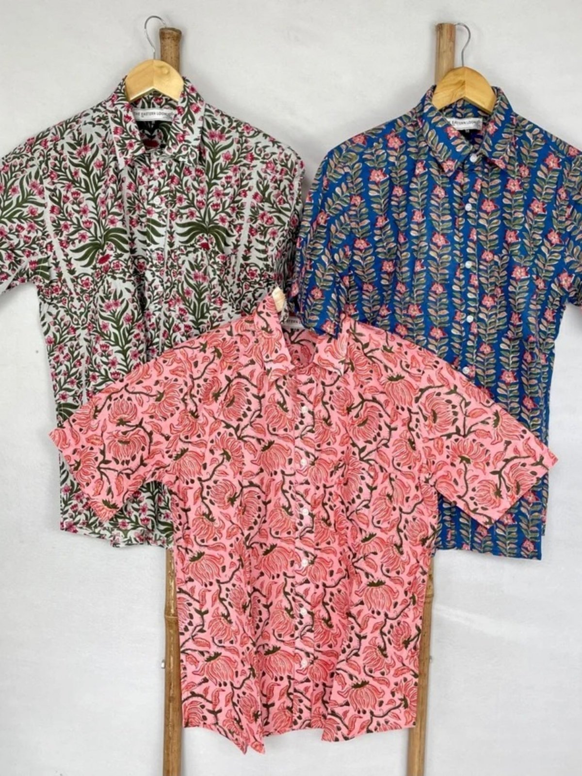 Men's Shirt Pure Cotton Handblock Print | Summer Cool Casual Beach Wear | Comfortable Garden Picnic Urban Man Dad Gift | Blue Floral Leaf - The Eastern Loom