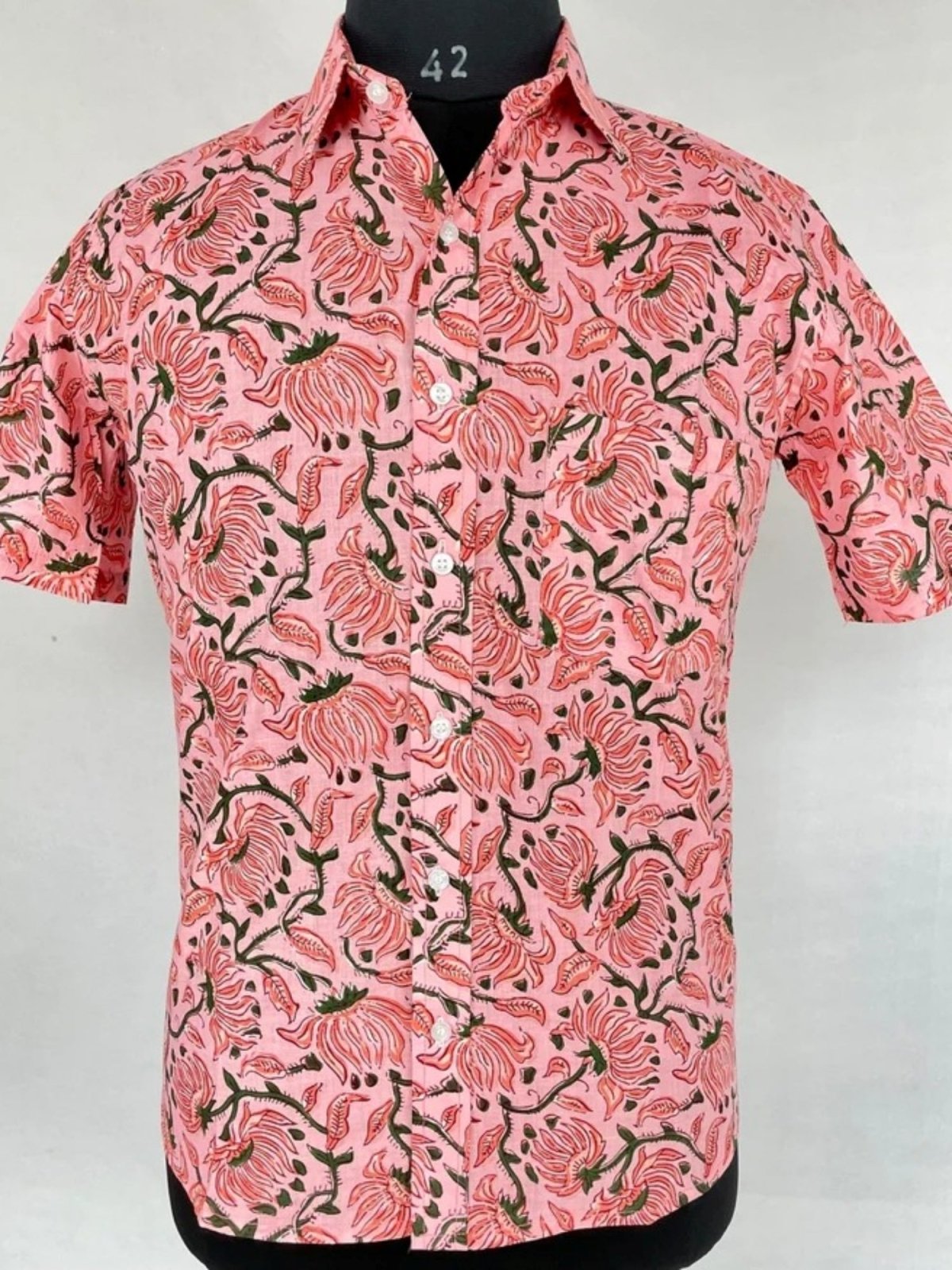 Men's Shirt Pure Cotton Handblock Print | Summer Cool Casual Beach Wear, Comfortable Garden Picnic Urban Man Dad Gift | Flamingo Pink Lotus - The Eastern Loom
