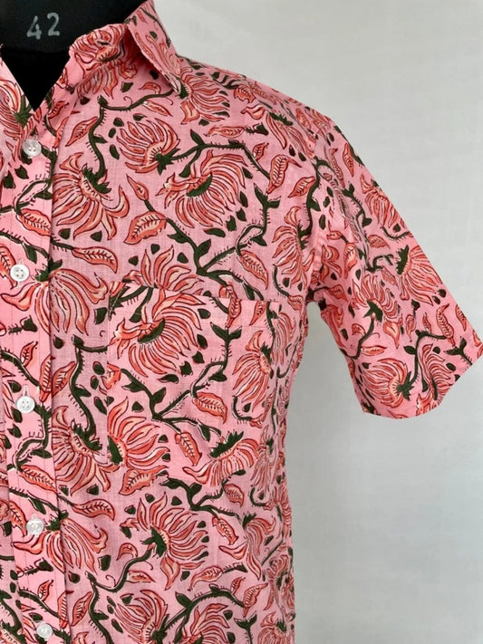 Men's Shirt Pure Cotton Handblock Print | Summer Cool Casual Beach Wear, Comfortable Garden Picnic Urban Man Dad Gift | Flamingo Pink Lotus - The Eastern Loom