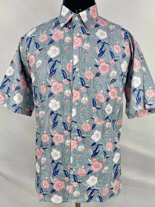 Men's Shirt Pure Cotton Handblock Print | Summer Cool Casual Beach Wear, Comfortable Garden Picnic Urban Man Dad Gift | Grey Pink Floral - The Eastern Loom