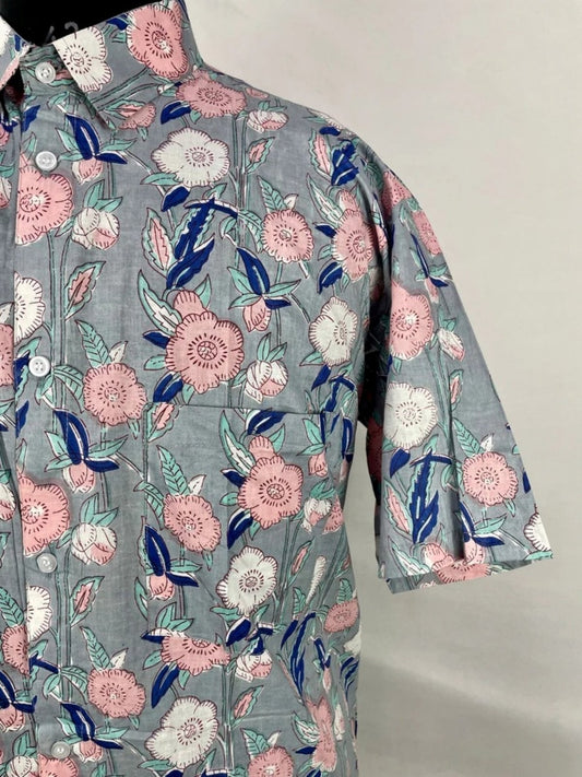 Men's Shirt Pure Cotton Handblock Print | Summer Cool Casual Beach Wear, Comfortable Garden Picnic Urban Man Dad Gift | Grey Pink Floral - The Eastern Loom